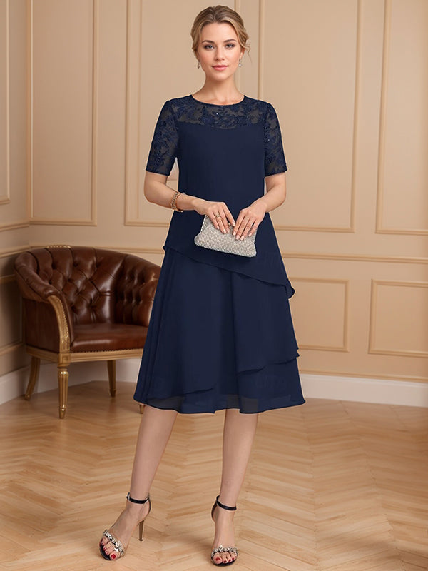 A-line Scoop Short Sleeves Appliques Lace Tea-Length Chiffon Mother of the Bride Dress