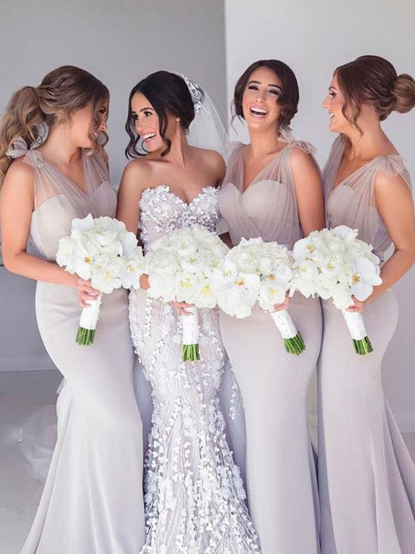 Mermaid Straps Bow Sweep Train Stretch Crepe Bridesmaid Dress