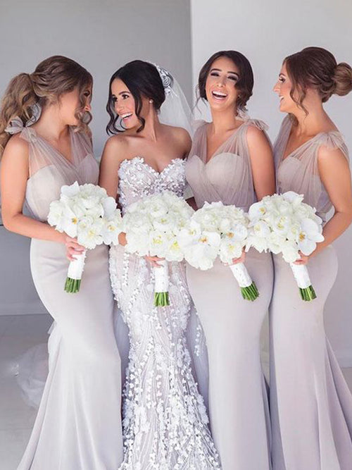 Mermaid Straps Bow Sweep Train Stretch Crepe Bridesmaid Dress