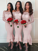 Sheath Off-the-Shoulder Long Sleeves Cascading Ruffles Ankle-Length Stretch Crepe Bridesmaid Dress