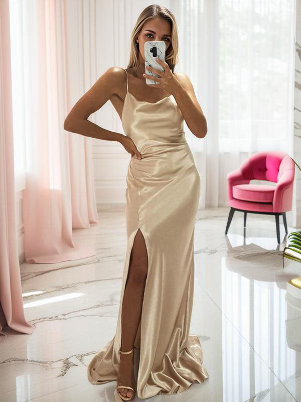 Sheath Spaghetti Straps Ruffles Sweep Train Silk like Satin Bridesmaid Dress