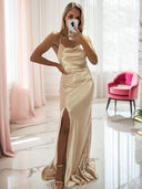 Sheath Spaghetti Straps Ruffles Sweep Train Silk like Satin Bridesmaid Dress