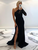 Sheath One-Shoulder Long Sleeves Appliques Lace Sweep Train Stretch Crepe Bridesmaid Dress