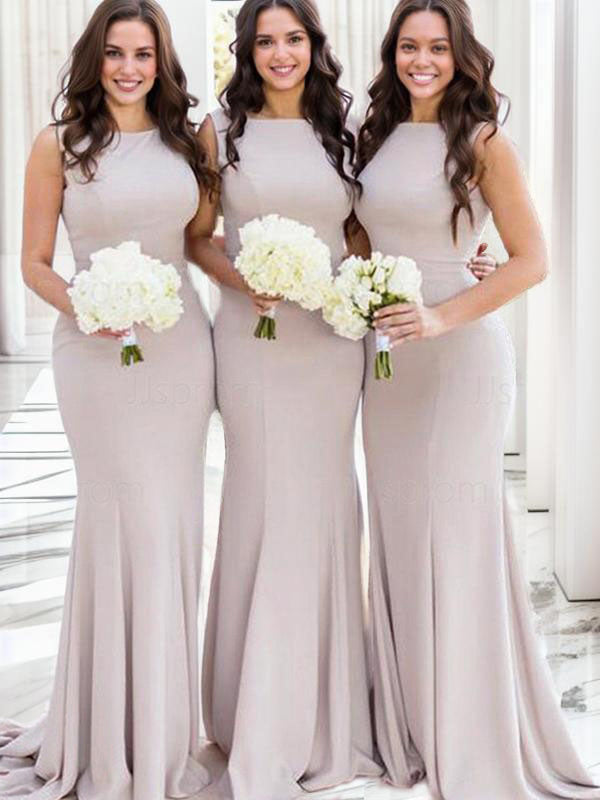 Sheath Illusion Ruffles Sweep Train Stretch Crepe Bridesmaid Dress