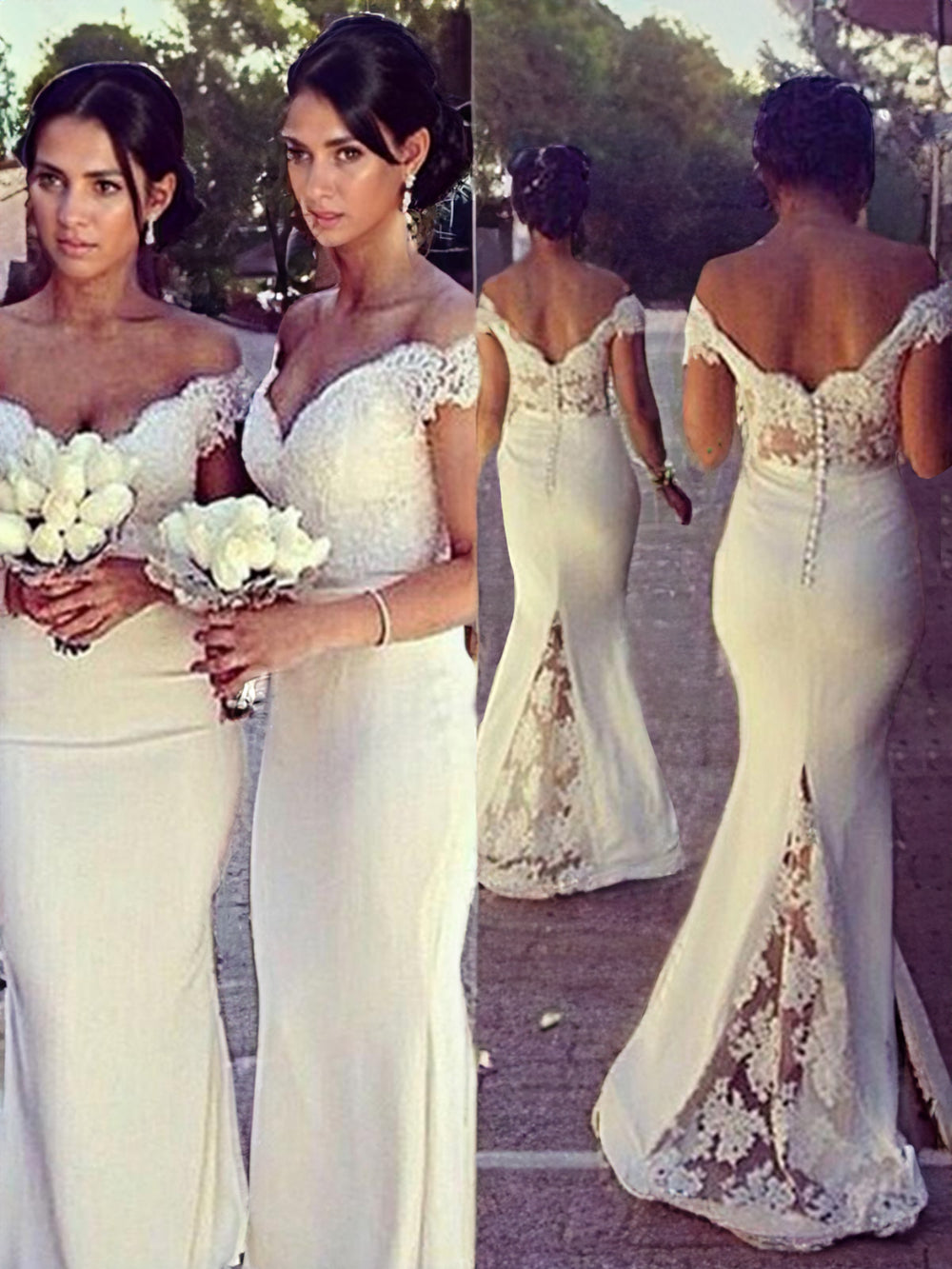 Mermaid Off-the-Shoulder Appliques Lace Sweep Train Stretch Crepe Bridesmaid Dress