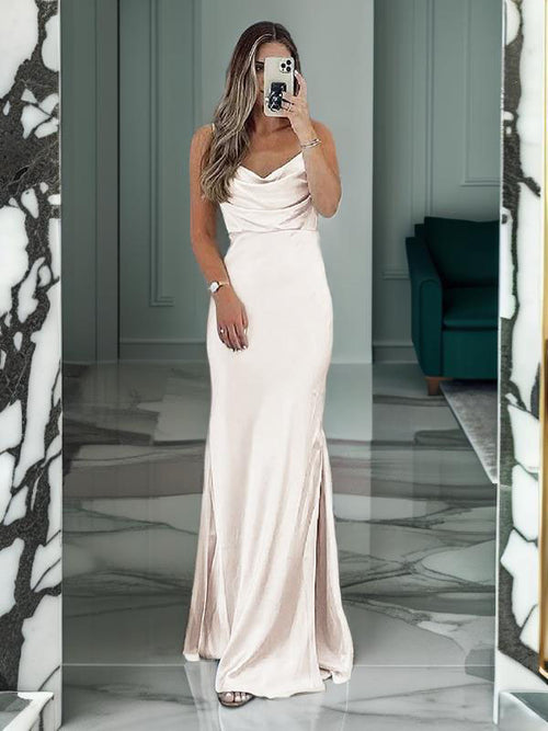 Sheath Spaghetti Straps Pleated Floor-Length Silk Like Satin Bridesmaid Dress