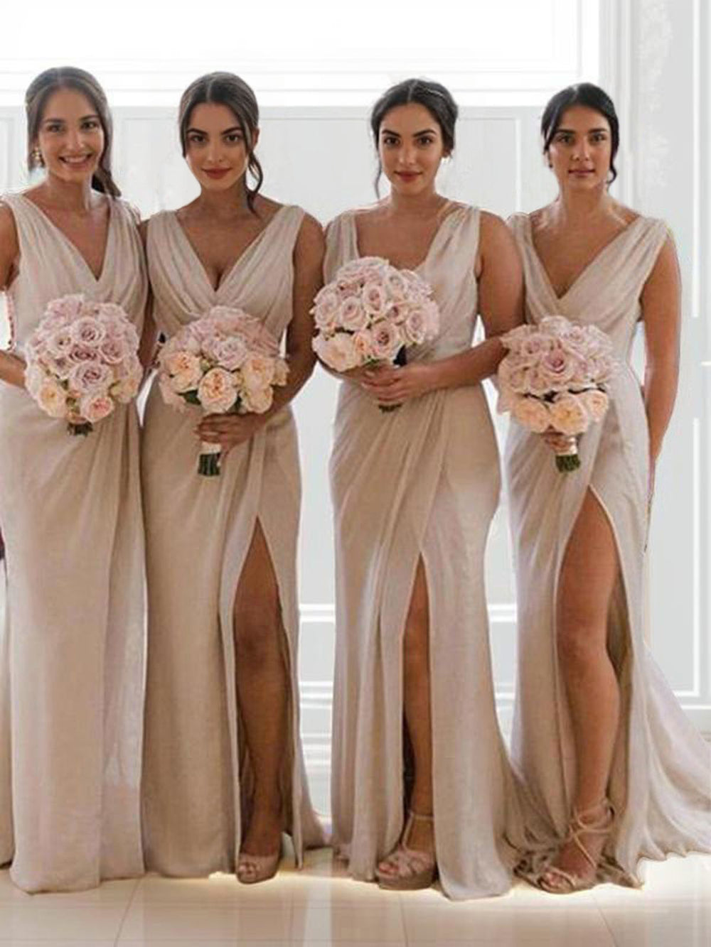 Sheath V-neck Pleated Sweep Train Chiffon Bridesmaid Dress
