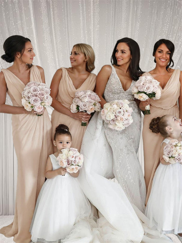 Sheath V-neck Pleated Sweep Train Chiffon Bridesmaid Dress