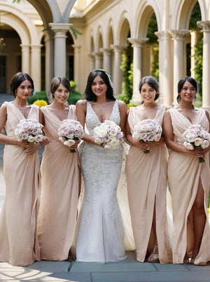 Sheath V-neck Pleated Sweep Train Chiffon Bridesmaid Dress