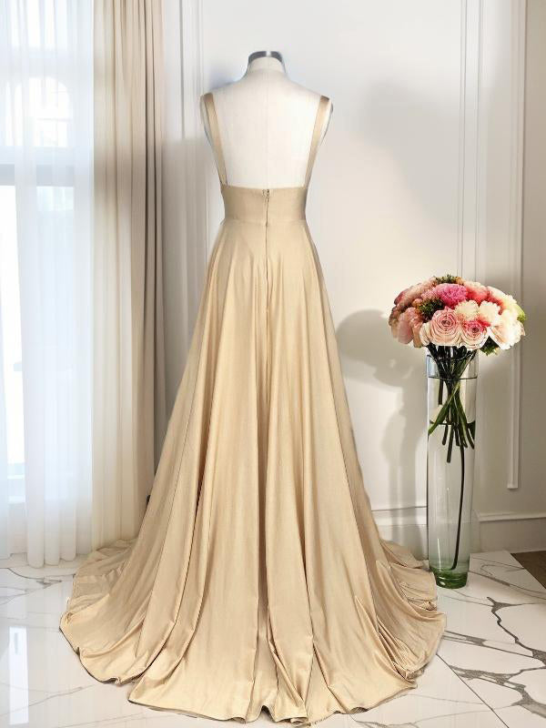 A-line V-neck Pleated Sweep Train Jersey Bridesmaid Dress