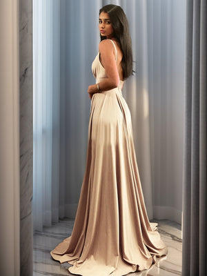 A-line V-neck Pleated Sweep Train Jersey Bridesmaid Dress