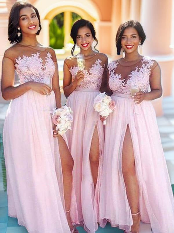 A-line Scoop Appliques Lace Floor-Length Chiffon Bridesmaid Dress