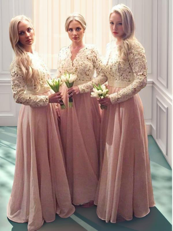 A-line V-neck Long Sleeves Appliques Lace Floor-Length Chiffon Bridesmaid Dress