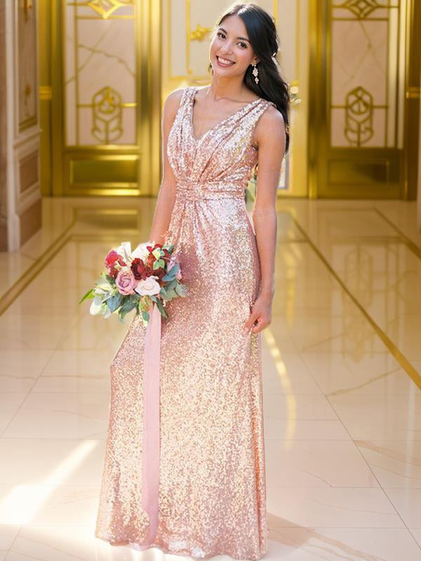 A-line V-neck Ruffles Floor-Length Sequins Bridesmaid Dress