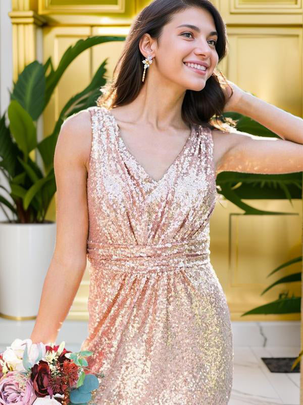 A-line V-neck Ruffles Floor-Length Sequins Bridesmaid Dress