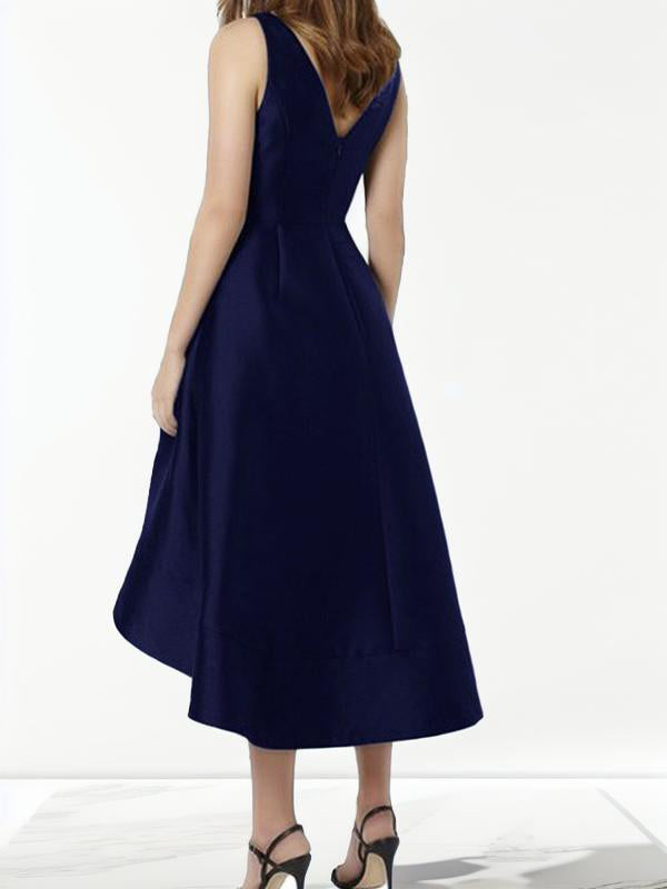 A-line V-neck Ruffles Tea-Length Satin Bridesmaid Dress