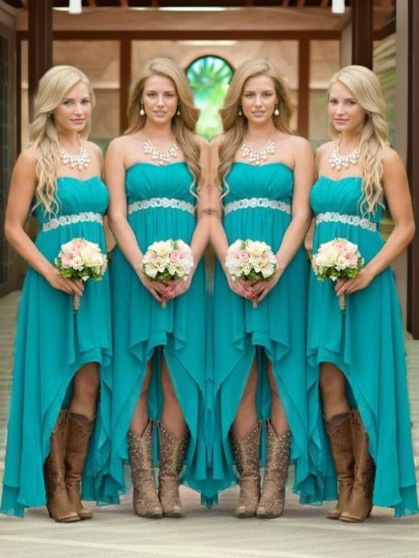 A-line Sweetheart Beading Asymmetrical Chiffon Bridesmaid Dress