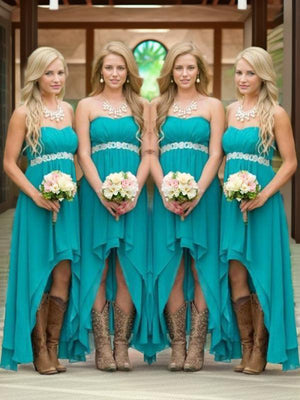 A-line Sweetheart Beading Asymmetrical Chiffon Bridesmaid Dress