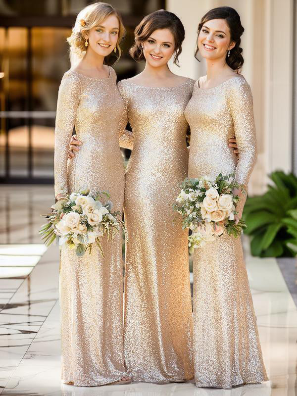 Sheath Scoop Long Sleeves Pleated Floor-Length Sequins Bridesmaid Dress