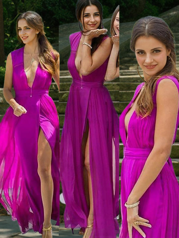 A-line V-neck Ruffles Floor-Length 30D Chiffon Bridesmaid Dress