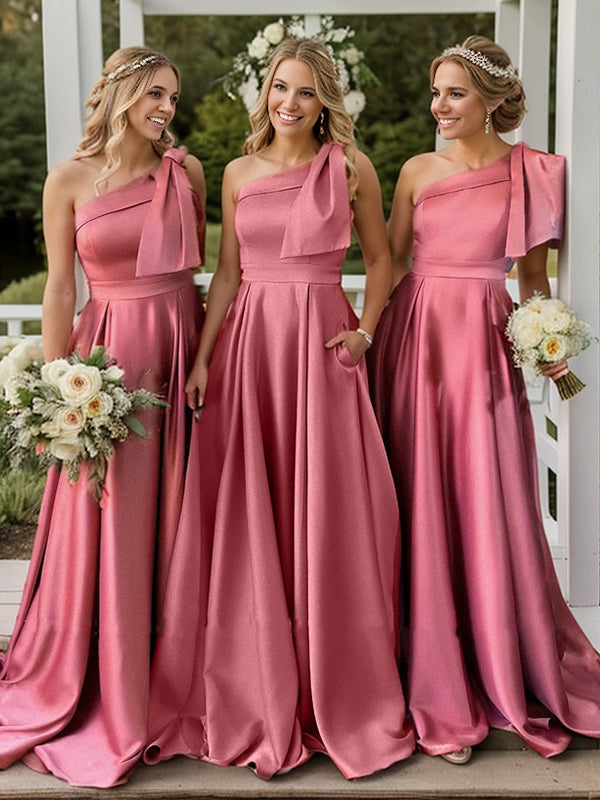 A-line One-Shoulder Floor-Length Satin Bridesmaid Dress