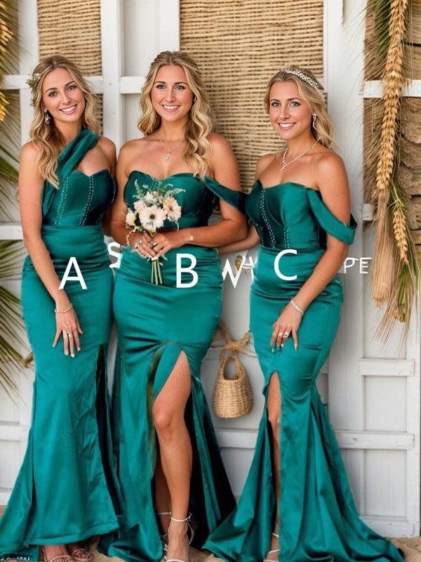 Sheath Off-the-Shoulder Sweep Train Silk Like Satin Bridesmaid Dress