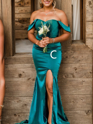 Sheath Off-the-Shoulder Sweep Train Silk Like Satin Bridesmaid Dress
