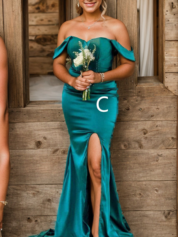 Sheath Off-the-Shoulder Sweep Train Silk Like Satin Bridesmaid Dress