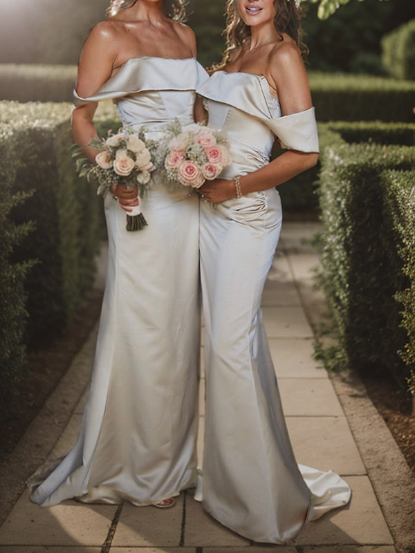 Sheath Off-the-Shoulder Pleated Sweep Train Satin Bridesmaid Dress