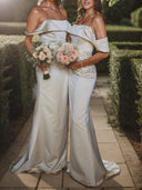 Sheath Off-the-Shoulder Pleated Sweep Train Satin Bridesmaid Dress