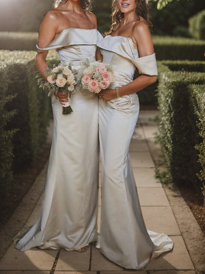 Sheath Off-the-Shoulder Pleated Sweep Train Satin Bridesmaid Dress
