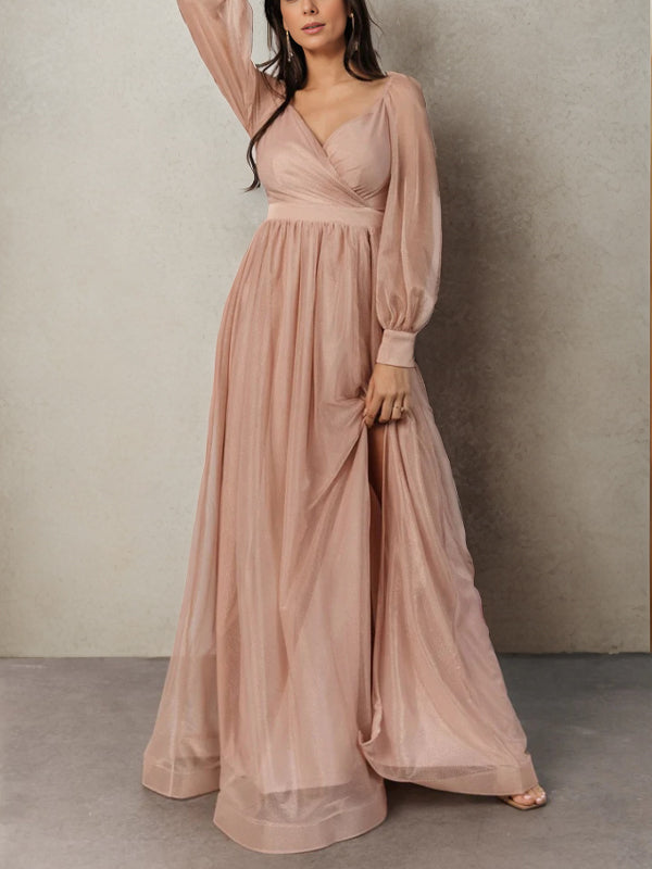 A-line V-neck Long Sleeves Pleated Floor-Length Bridesmaid Dress