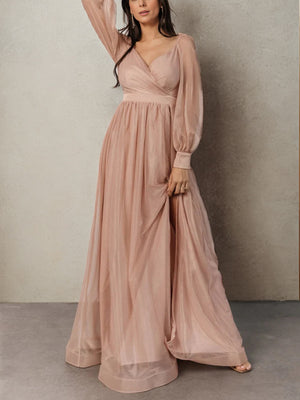 A-line V-neck Long Sleeves Pleated Floor-Length Bridesmaid Dress