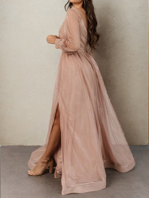 A-line V-neck Long Sleeves Pleated Floor-Length Bridesmaid Dress