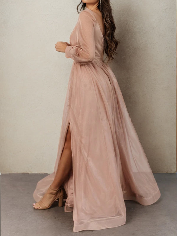A-line V-neck Long Sleeves Pleated Floor-Length Bridesmaid Dress