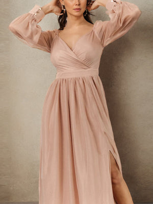 A-line V-neck Long Sleeves Pleated Floor-Length Bridesmaid Dress