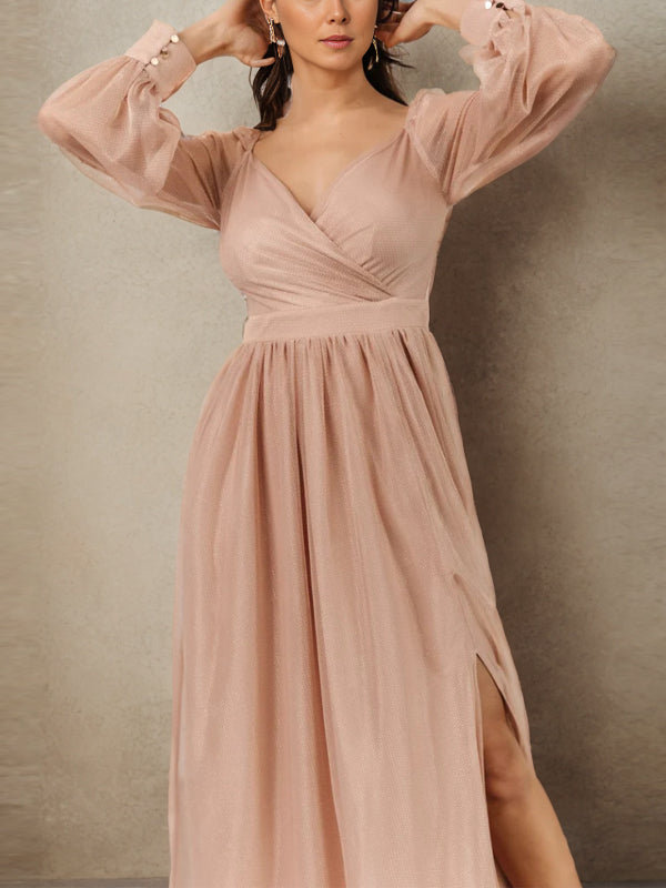 A-line V-neck Long Sleeves Pleated Floor-Length Bridesmaid Dress