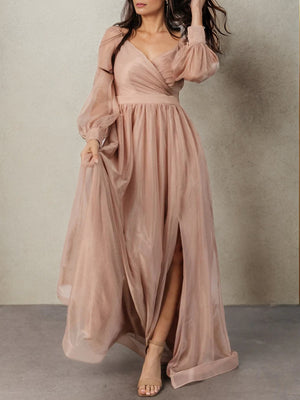A-line V-neck Long Sleeves Pleated Floor-Length Bridesmaid Dress