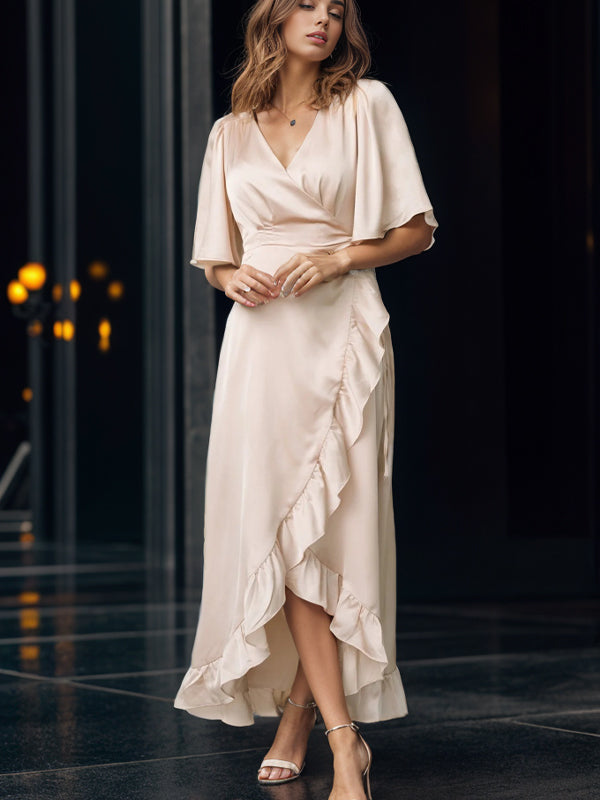 A-line V-neck Short Sleeves Ruffles Asymmetrical Silk Like Satin Bridesmaid Dress
