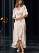 A-line V-neck Short Sleeves Ruffles Asymmetrical Silk Like Satin Bridesmaid Dress