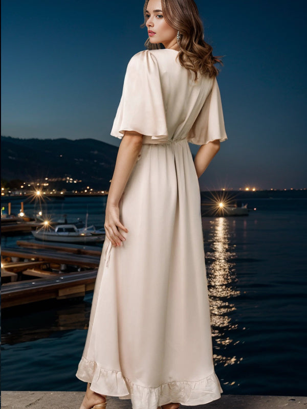 A-line V-neck Short Sleeves Ruffles Asymmetrical Silk Like Satin Bridesmaid Dress