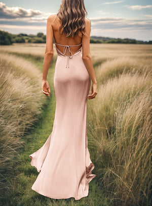 Sheath V-neck Pleated Sweep Train Silk Like Satin Bridesmaid Dress