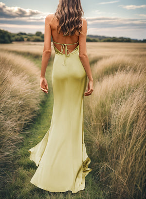 Sheath V-neck Pleated Sweep Train Silk Like Satin Bridesmaid Dress