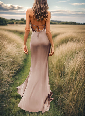 Sheath V-neck Pleated Sweep Train Silk Like Satin Bridesmaid Dress