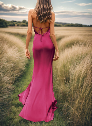 Sheath V-neck Pleated Sweep Train Silk Like Satin Bridesmaid Dress