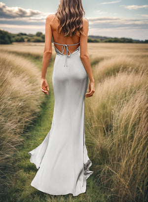 Sheath V-neck Pleated Sweep Train Silk Like Satin Bridesmaid Dress