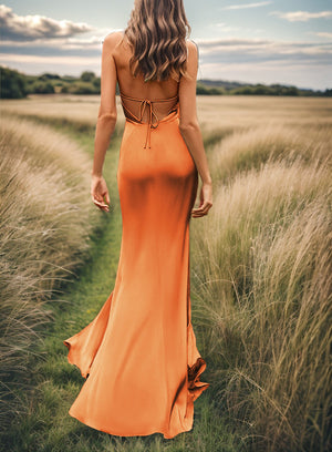 Sheath V-neck Pleated Sweep Train Silk Like Satin Bridesmaid Dress