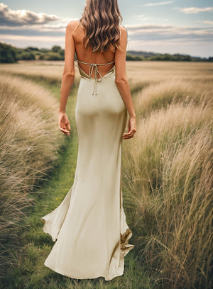 Sheath V-neck Pleated Sweep Train Silk Like Satin Bridesmaid Dress
