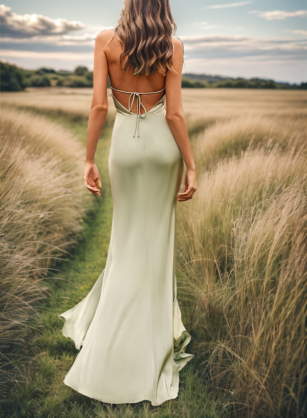 Sheath V-neck Pleated Sweep Train Silk Like Satin Bridesmaid Dress