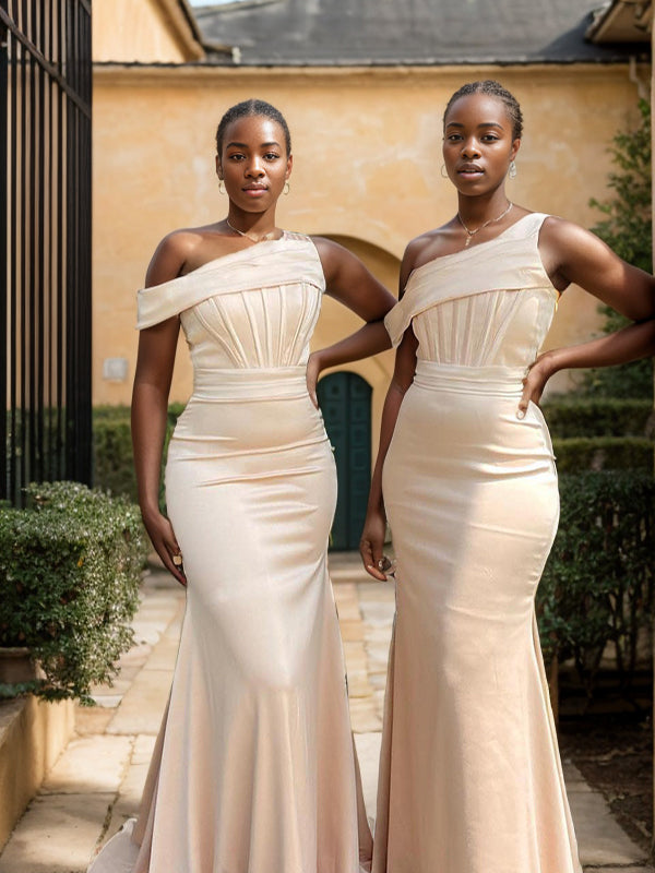 Sheath Pleated Sweep Train Silk Like Satin Corset Bridesmaid Dress